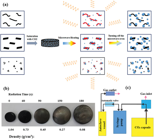 Figure 2. (a). Schematic of microwave-assisted foaming procedure, and (b) PS/G1 foamed samples in various radiation times, (c) schematic of the gas foaming procedure.