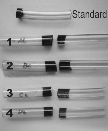 Figure 1 Standard endotracheal tubes were coated with a passivating layer of colloidal silica and served as controls. Five types of coatings were applied over a silica layer; 1. solgel titanium dioxide without silver, 2. solgel titanium dioxide with silver, 3. Degussa titanium dioxide without silver, 4. Degussa titanium dioxide with silver and 5. silver only (not shown).