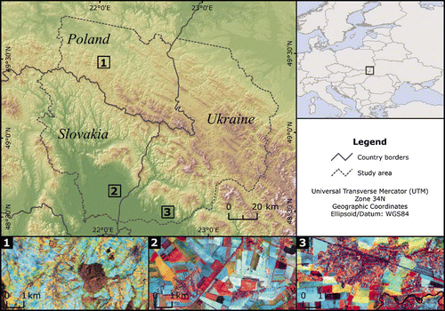 Figure 1. Top: Study area in the border region of Poland, Slovakia and Ukraine in the Carpathians. Bottom: Example of land use pattern in the three countries, namely Poland, Slovakia and Ukraine (Landsat Enhanced Thematic Mapper Plus image from 30 September 2000; band combination: red = band 4, green = band 5, blue = band 3). Available in colour online.