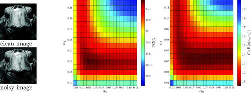 Figure 2. Suitability of the functional F(R·) as an upper level objective. Evaluation of F(Ru) where u solves the TGV denoising problem (1.1) (T = Id), for a variety of scalar parameters (α0,α1).