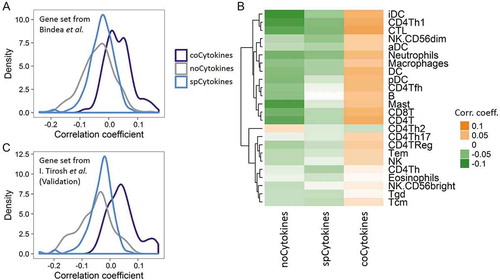 Figure 4. Deconvolution of bulk cancer mRNA profiles suggests a positive correlation between the somatic copy number (SCN) of coCytokines and immune infiltrates. (A) The correlation coefficient (x axis) between SCNs of cytokines and immune metagenes (adopted from Bindea et al.) across cytokine categories (coCytokines vs. noCytokines vs. spCytokines). (B) Correlation coefficients of cytokine categories (x axis) and each immune metagene (y axis). Hierarchical clustering was performed on immune cell types to depict their similarity of correlations to cytokine categories. (C) Validation, correlation coefficient (x axis) between the SCNs of cytokines and immune metagenes (derived from single-cell profiles, I. Tirosh et al.) across cytokine categories.