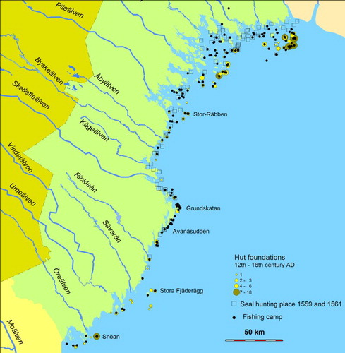 Figure 9. Map showing the distribution of hut foundation sites dating to AD 1100–1500 in relation to fishing camps and seal hunting locations listed in fiscal records the years 1559 and 1561. The coastline is set to 10 m above the present sea level corresponding to c. AD 1000. There is no strict formal distinction between hut foundation sites and fishing camps according to the national register and therefore the fishing camps are also included.