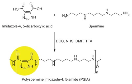 Figure 1 Chemical structure and polymerization scheme of PSIA.Abbreviations: DCC, N,N′-dicyclohexylcarbodiimide; DMF, N,N-dimethylformamide; NHS, N-hydroxysuccinimide; TFA, trifluoroacetic acid.