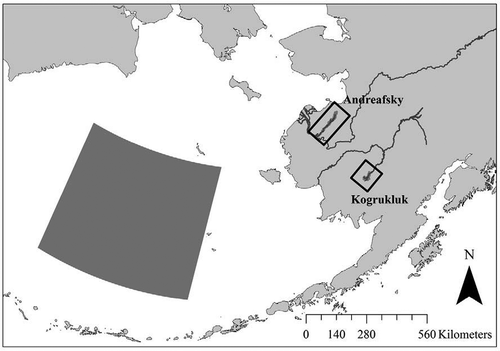 FIGURE 1. Map showing the locations of the Chinook Salmon study populations (Andreafsky and Kogrukluk rivers) in Alaska and the Bering Sea area (54.3–60.0°N, 178.1°E–170.6°W) for which sea surface temperature data were extracted.