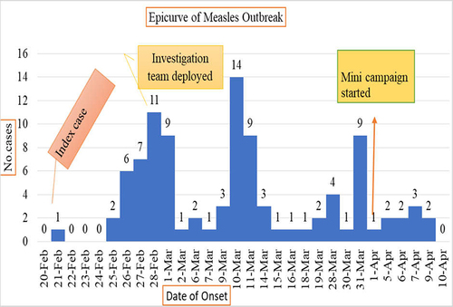 Figure 2 Epi curve showing date of onset symptom and number of measles cases reported in Guradamole District, Bale Zone, Southeastern Ethiopia, 2021.