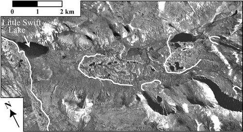 FIGURE 2. Mosaic of vertical aerial photographs depicting the lower portion of the Little Swift Lake drainage. The distal edges of prominent moraines are marked in white, including the right lateral moraine of the Crooked Creek valley, which dams Little Swift Lake along the west edge of the image. Location is shown in Figure 1