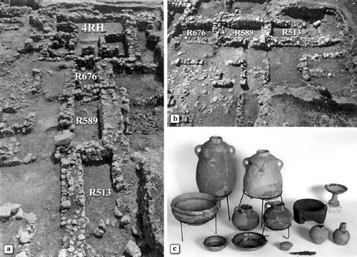 Fig. 4: a) Stratum 13 Casemates 513, 589 and 676 of W800, looking east; note how Room 676 is cut by 4RH of Stratum 10; b) Rooms 513, 589 and 676, looking south; c) assemblage of complete vessels from Room 676