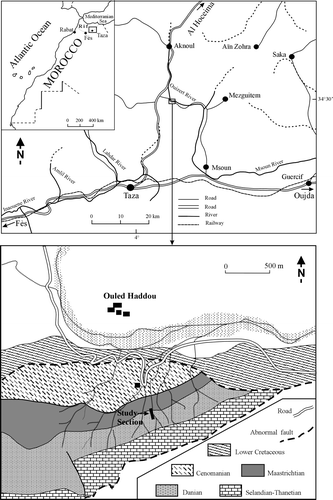 Figure 1. Location map and geological setting of the Ouled Haddou section (northern Morocco).