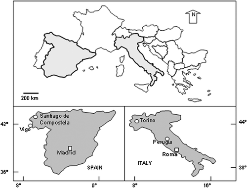 Figure 1 Location of the studied areas in Europe.