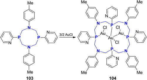 Scheme 66. Expansion of cyclo-P2,N2-acetal to a 16-member, macrocyclic ligand in coordination sphere of Au.[Citation210,Citation280]