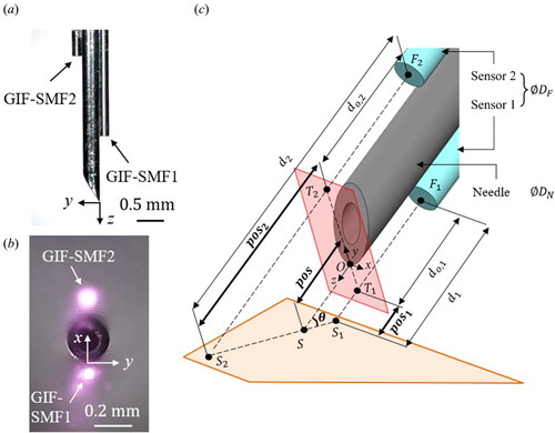 Figure 3. (a) and (b) the microscopic images of the fabricated sensorized needle. (c) Reference coordinates and system parameters of the needle.