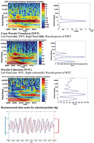 Figure 4. Results of wavelet analyses of weekly minimum temperature versus weekly leptospirosis incidence for 2006–2015: (Panel 4a) continuous wavelet transform (CWT) variations; (Panel 4b) wavelet power of CWT; (Panel 4c) crosswavelet transform (XWT) variations; (Panel 4d) wavelet power of XWT; (Panel 4e) wavelet coherence (WTC); (Panel 4f) wavelet power of WTC; and (Panel 4g) reconstructed time series for 2006–2015 period.
