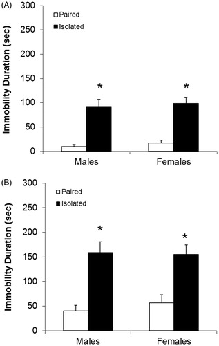 Figure 2. Duration of immobility (passive/maladaptive behavioral response) during a 5-min tail-suspension test (Panel A) and a 5-min forced swim test (Panel B). Tests were performed following 10 days of chronic mild stress. Groups are isolated male (n = 7), isolated female (n = 7), paired male (n = 6), and paired female prairie voles (n = 6). Data are mean ± standard error of the mean, SEM. *p < .05 versus paired groups (main effect of housing, mixed-design ANOVA). Note: because active and passive behavioral responses were mutually exclusive and exhaustive behavioral categories, active coping behaviors comprised the remainder of the 5-min period for each test.