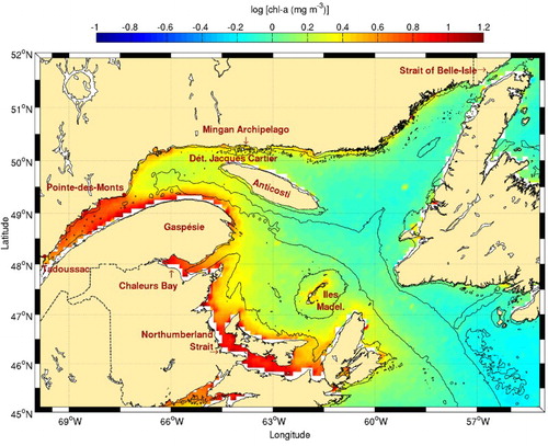 Fig. 10 Chl-a concentration climatology (1998–2010) for the Gulf of St. Lawrence. The 50 and 300 m isobaths are shown.