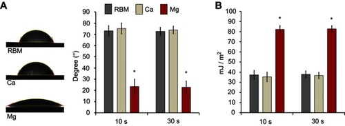 Figure 4 (A) Water contact angles of the investigated samples measured at 10 and 30 s. (B) Surface energies of the investigated samples determined at 10 and 30 s. Data are presented as the mean ± SD (n=7). *P<0.05 compared with the other surface.