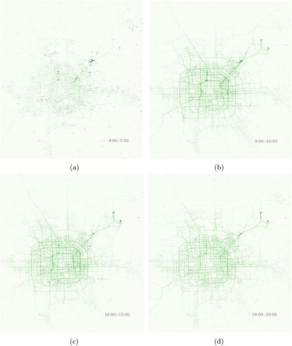 Figure 7. Example heat maps of the trajectory data for different time periods. (a) 4:00–5:00. (b) 9:00–10:00. (c) 14:00–15:00. (d) 19:00–20:00.