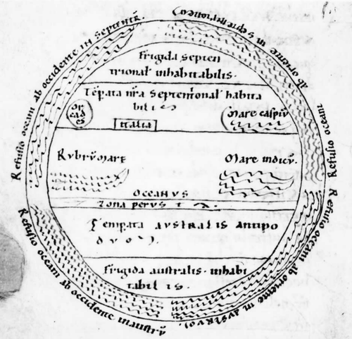 Fig. 13. World image illustrating a ninth or tenth century French manuscript of Macrobius,Commentary on the Dream of Scipio. This visually simple map is essentially a zonal diagram with two topographical features (Italia and the Orcades) and the Red, Indian, and Caspian seas sketched in. The unusual position of the Red Sea extending inwards from the far west of the outer ocean, and the thin strip of the zona perusta (usually a prominent feature), supports the impression that this image may be a rather cursory attempt to elaborate a zonal diagram. Brussels, Bibliothèque royale, MS 10146, fol. 109v. Appendix 1, no. 2. (Reproduced with permission of the Bibliothèque royale de Belgique.)