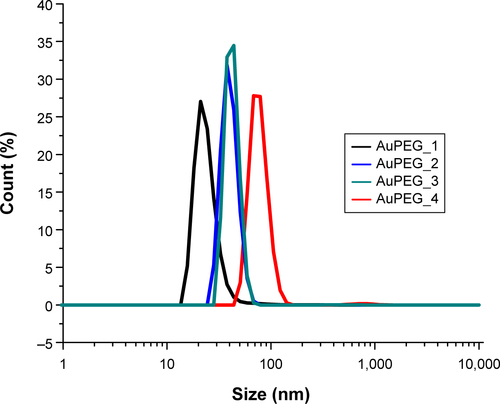 Figure S1 Dynamic light scattering (DLS) of PEG-AuNPs.Abbreviations: PEG-AuNPs, polyethylene glycol-gold nanoparticles; AuPEG, PEG-coated AuNPs.