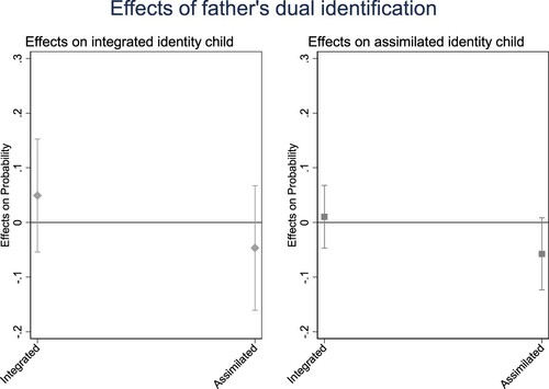 Figure 1. The marginal effects of father's dual identification on their child's dual identification (95 per cent confidence interval).