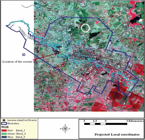 Figure 1. Color composite image of the study area (bands 2, 3, and 4 of ETM + sensor of Landsat data) dated 30 July 2001. The extent of the town is outlined and the current location of the disposal site is also shown in the western part of the town.