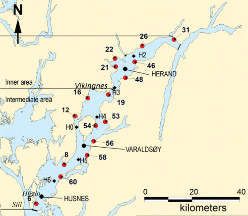 Figure 1. Map of the Hardangerfjord. Sites investigated in the period 2008–2010 are shown as: diamonds (H), nutrients and CTD; red (grey) circles (number), intertidal macroalgae sites; black circles (Herand, Varaldsøy, Husnes), soft bottom infauna sites. Map: Vidar Wennevik.