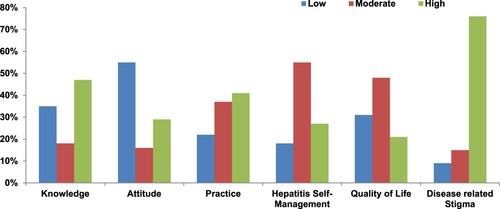 Figure 4. Level of knowledge, attitudes and practices, hepatitis self-management, quality of life, and stigmatization among Hepatitis B patients.