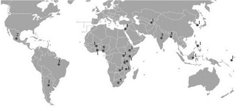 Figure 3. Geographical distribution of records assessing impacts of interventions through the CA (n = 41).