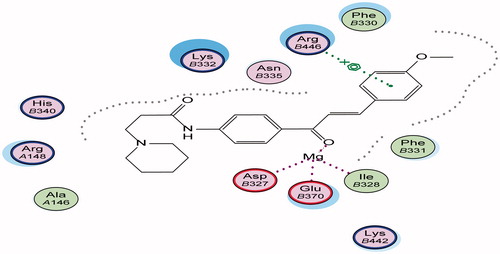 Figure 5. 3D binding mode and residues involved in the recognition of active compound 37 at active site (c-di-GMP).