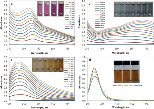 Figure 1. Absorbance spectra of green synthesised silver nanoparticles stabilised with (a) PMA, (b) PAA, (c) CoPSS and (d) chemical reduction of silver nanoparticles stabilised with PMA, PAA and CoPSS.