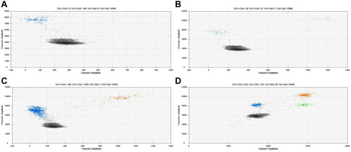 Figure 2 (A) Non-specific signals of FAM were shown for the NSCLC cell lines with wild type EGFR. (B, C, D) Three clinical pretreatment NSCLC patients with concomitant de novo T790M and L858R mutations in which a ddPCR method was performed to detect the allelic relation between the two mutations, double-positive signals for the de novo T790M (FAM labeled) and L858R of EGFR (VIC labeled) were shown in the B, C and D. For the ddPCR results, the FAM and VIC negative signals were indicated as black color. The signals of wild-type EGFR L858R and wild-type T790M mutations were depicted as blue color. The signals of EGFR L858R mutation positive were depicted as green color. Double positive signals for the de novo T790M with in cis L858R mutation were depicted as orange color.