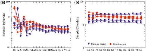 Figure 5. (a) N-type MORB-normalized (normalization values are from Sun & McDonough, Citation1989) and (b) Chondrite-normalized REE patterns of the eclogites. Chondrite normalizing values from Taylor and Mc Lennan (Citation1985). Most samples show typical MORB patterns.