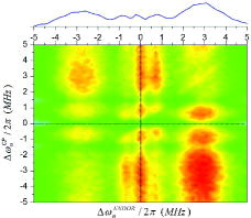 Figure 9. 2D-CPENDOR spectrum (sweep of RF for CP and π−ENDOR pulse) of solid 1H-BDPA at T = 70 K. MW power was ω1e/2π = 2.5 MHz, tCP = 200 μs. The ENDOR-RF (x-axis) was swept using random acquisition modus, 1 shot/point, recording 64 points with a repetition time Tr = 100 ms. The CP-RF (y-axis) was swept sequentially pumping RF at 64 different values in a range of 10 MHz. Sixteen scans of the whole 2D spectrum have been accumulated. On the top, the profile plot is obtained by projecting the intensities of the spectra, onto the x–z plane. The sum of the CP-ENDOR spectra at different CP offsets generates an overall line shape that is reminiscent of the standard Davies ENDOR spectrum reported in Figure 4.