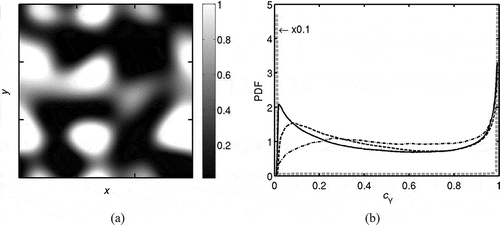 Figure 3 (a) Typical spatial variation of field obtained in Step (iii), the field is shown for mid x-y plane. (b) Typical PDF of in the field obtained during the preprocessing. Gray dashed line: initial field obtained in Step (iii), black solid line: preprocessed field obtained in Step (iv) to be used for Case A1, black dashed line: for Case A2, and black dash-dotted line: for Case B1.