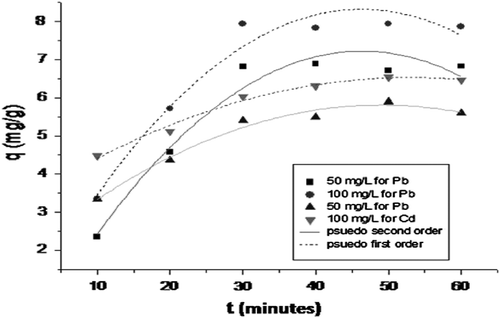 Fig. 5 Adsorption kinetics and their modeling at different initial concentrations, (50, 100 mg L−1 pH 5.1, 30 mg, 30 min).