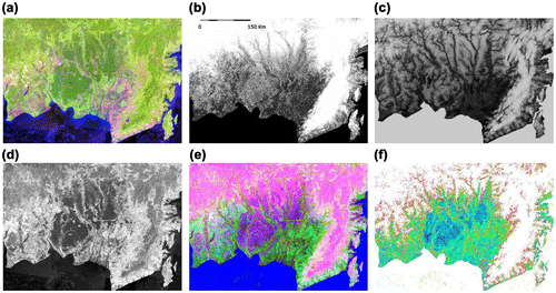 Figure 1. Example inputs and map results for a part of Central Kalimantan Province (centered approximately at 114°10′24.86″ E, 2°22′53.54″ S): (a) Landsat image with 5–4–3 spectral combination; (b) fit of the model represented by the RMSE; (c) relative elevation of 121.5 km2 catchments; (d) Landsat band 5; (e) false-color r-g-b of (b), (c), and (d); and (f) the initial resulting wetland map as a probability layer where blue is high probability and white low probability.