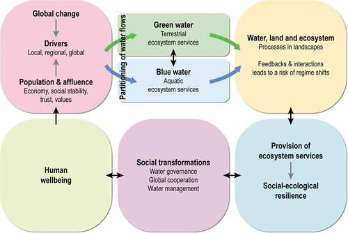 Figure 3. Interconnectedness of social drivers and processes in the landscape, where blue and green water interact with land and ecosystems in producing goods and services to secure human well-being. Adapted from Rockström et al. (Citation2012).