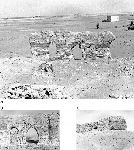 Figure 6. Photographs from the C.M. Daniels archive of the white mosque at Zuwīla (ZUL002) in 1968 prior to excavation: a) east wall of the mosque, looking east from the top of the minaret platform; b) the eastern exterior wall of the mosque looking west, showing several phases of construction and repair; c) the minaret platform and ramp, looking east.