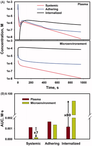 Figure 4. Calculated kinetics of payload delivery in the capillary model: (A) mean payload concentration profiles in plasma and microenvironment domains and (B) comparison of calculated AUC between plasma and microenvironment.