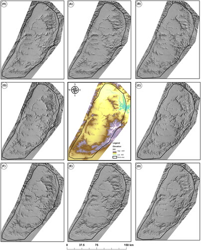 Figure 3. Generated shaded relief images from DEM-5m after the azimuthal filter into eight directions: A) 00°, B) 45°, C) 90°, D) 135°, E) 180°, F) 225°, G) 270°, and H) 315°.