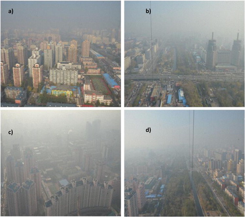 Fig. 1 Photographic views from the 325-m meteorological tower at a height of 140 m looking northward (a), eastward (b), southward (c) and westward (d). The photographs were taken on 16 November 2012. The weather condition was hazy.