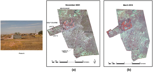 Figure 2. Image subsets of the study area showing the residential suburbs utilised: (a) 2001 QuickBird 2.62 m resolution image (RGB: 321) (b) 2010 SPOT 5 HRG pan-sharpened (to 2.5 m resolution) image (RGB:321). The ground photo inset (Photo A, located as indicated on the 2001 image) shows a corrugated iron dwelling structure (shack) in the foreground, a pit latrine (background, centre left), brick dwelling structures (background, centre-right) and electricity power lines as indicator of source of energy for the brick structure houses. These were some of the socio-economic variables that were being inferred on the high-resolution images in (a) and (b). The slight difference in spatial extent of the images in the south-eastern portion, due to frame edge of the SPOT image in (b), did not affect the analysis since the built-up section of the Signal Hill suburb was contained in full by both images.