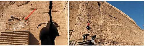 Figure 4. Left) White paint of a personal memory on the structure bricks. Right) Visitors climbing the structure