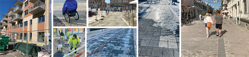 Figure 1. Photos from the sites, left to right: the library building, a go-along interview, workers at the street, the square under construction, a cycle road with a tactile line, a tactile line covered by ice, the redesigned street.