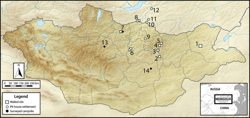 Figure 1. Xiongnu habitation sites (white markers indicate permanent settlements; black markers indicate ephemeral habitation findings): 1) Kherlen-Bars; 2) Gua Dov; 3) Gün-Galuu; 4) Bürkh; 5) Terelj; 6) Zaan-khoshuu; 7) Kholtostyn-Khürem (Egiin Gol); 8) Bayan-Under; 9) Boroo; 10) Dureny; 11) Nijnii-Mangirtui; 12) Ivolga; 13) Khanui Gol; and 14) Baga Gazaryn Chuluu.