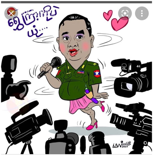 Figure 11. Military spokesman: Trust Shwe Kyar (a sex worker).Source: Cartoonist Wai Yan, Taunggyi, reproduced at several public social media sites.