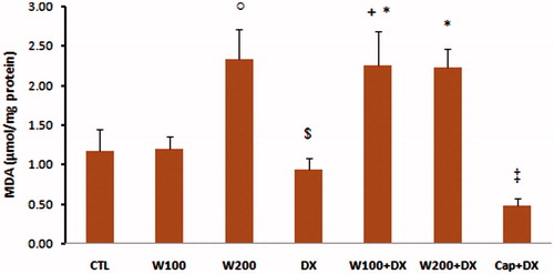 Figure 4. Malondialdehyde (MDA) of heart tissue in different animal groups. n = 6–8. Values are mean ± SEM. CTL: control; W100: animal group which received 100 mg/kg/d of walnut extract; W200: animal group which received 200 mg/kg/d of walnut kernel extract; DX: animal group which received dexamethasone 0.03 mg/kg/d; W100 + DX: animal group which received 100 mg/kg/d walnut extract + dexamethasone; W200 + DX: animal group which received 200 mg/kg/d walnut extract + dexamethasone; Cap + DX: animal group which received 25 mg/kg/d captopril + dexamethasone. ^p < 0.05 vs. CTL and W100 groups, $p < 0.05 vs. W200 group, *p < 0.05 vs. DX group, +p < 0.05 vs. W100 group, ‡p < 0.01 vs. DX, W100 + DX, and W200 + DX groups.