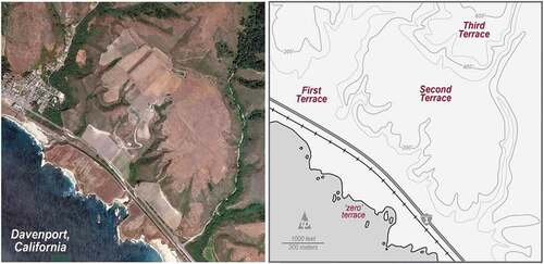 Figure 6. An orthophotograph and topographic representation of the Santa Cruz County marine terraces near Davenport, California. Note that the terraces here are dissimilar in dimension and spacing where coastal erosion and weathering is causing rapid clii face retreat across the first terrace. Third and fourth terraces are markedly smaller although are estimated to have been exposed 80 K year less. Jenny’s (Citation1973) wave-cut platform and offshore stacks, arches, tombolos, and skerries represent his “zero” terrace. Image by Google Earth and map by T.R. Paradise.