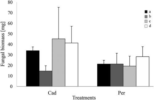 Figure 1. In vitro growth of DSEs on different forms of N and P. Periconia macrospinosa (Per) and Cadophora sp. (Cad) were grown for 2 weeks on solid media. N and P were both supplied in inorganic forms (a) and organic forms (b). N was supplied in organic form, and P was supplied in inorganic form (c). P was supplied in organic form, and N was supplied in inorganic form (d). Two-way ANOVA (P = 0.05, n = 3) was carried out on the square-root-transformed data, resulting in no significant impact of either the ‘media’ or ‘DSE’ factor and an absence of interactions.