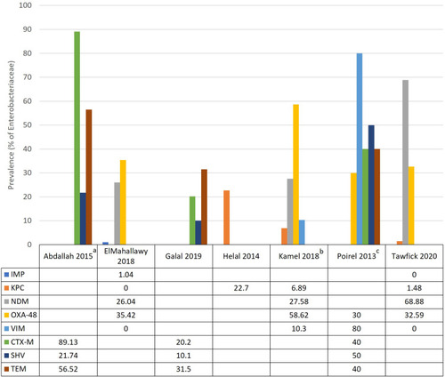 Figure 6 Summary of the prevalence (%) of carbapenemase and ESBL genes in Enterobacteriaceae.