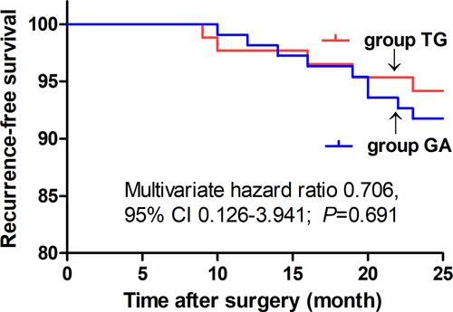 Figure 3 Comparison of Kaplan–Meier survival curves for the 2-year postoperative recurrence-free survival between groups. There were no statistical differences in the 2-year postoperative recurrence-free survival between groups (multivariate hazard ratio 0.706, 95% CI 0.126–3.941, P=0.691).